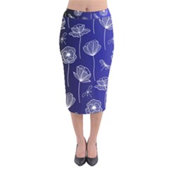 Pattern Floral Leaves Botanical White Flowers Velvet Midi Pencil Skirt