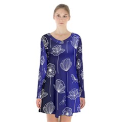 Pattern Floral Leaves Botanical White Flowers Long Sleeve Velvet V-neck Dress