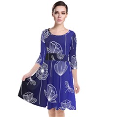 Pattern Floral Leaves Botanical White Flowers Quarter Sleeve Waist Band Dress