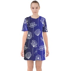 Pattern Floral Leaves Botanical White Flowers Sixties Short Sleeve Mini Dress