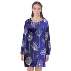 Pattern Floral Leaves Botanical White Flowers Long Sleeve Chiffon Shift Dress 