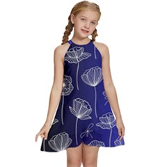 Pattern Floral Leaves Botanical White Flowers Kids  Halter Collar Waist Tie Chiffon Dress