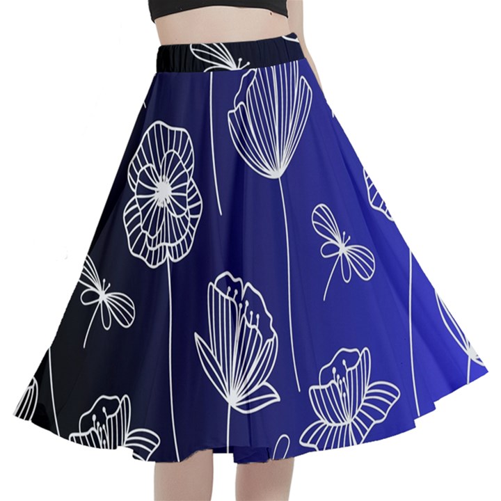 Pattern Floral Leaves Botanical White Flowers A-Line Full Circle Midi Skirt With Pocket