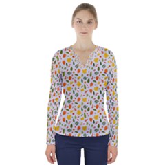 Background Pattern Flowers Leaves Autumn Fall Colorful Leaves Foliage V-neck Long Sleeve Top