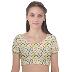 Background Pattern Flowers Leaves Autumn Fall Colorful Leaves Foliage Velvet Short Sleeve Crop Top 