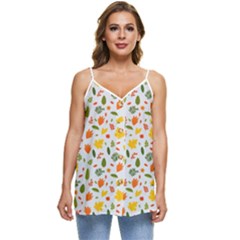 Background Pattern Flowers Leaves Autumn Fall Colorful Leaves Foliage Casual Spaghetti Strap Chiffon Top