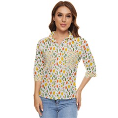 Background Pattern Flowers Leaves Autumn Fall Colorful Leaves Foliage Women s Quarter Sleeve Pocket Shirt