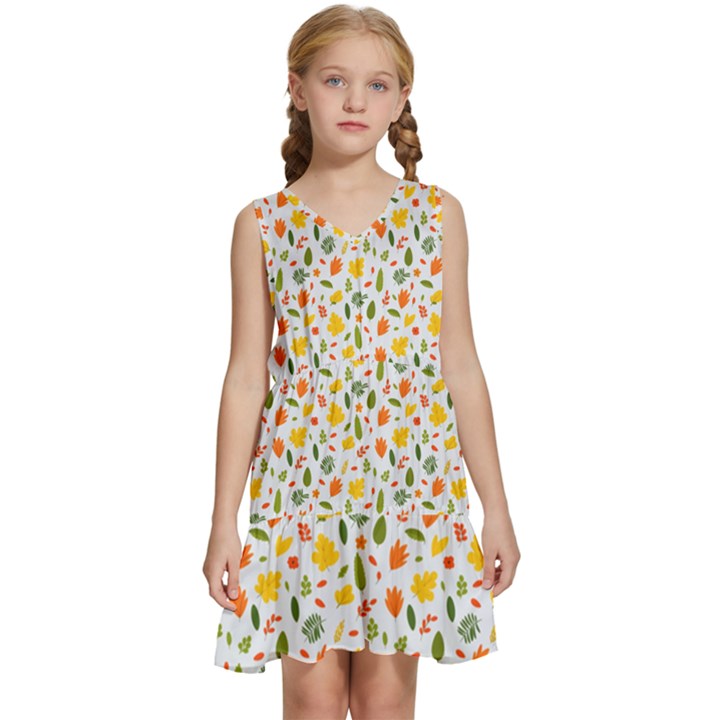 Background Pattern Flowers Leaves Autumn Fall Colorful Leaves Foliage Kids  Sleeveless Tiered Mini Dress