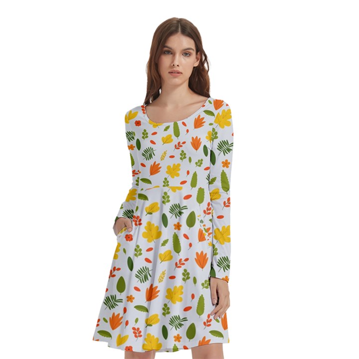 Background Pattern Flowers Leaves Autumn Fall Colorful Leaves Foliage Long Sleeve Knee Length Skater Dress With Pockets