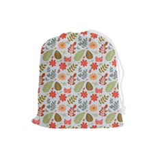 Background Pattern Flowers Design Leaves Autumn Daisy Fall Drawstring Pouch (large)