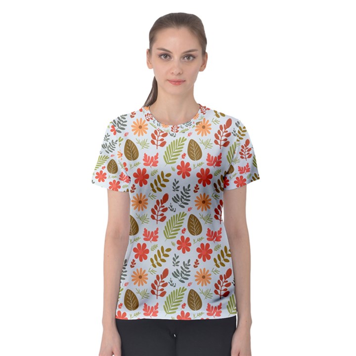 Background Pattern Flowers Design Leaves Autumn Daisy Fall Women s Sport Mesh T-Shirt