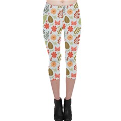 Background Pattern Flowers Design Leaves Autumn Daisy Fall Capri Leggings 