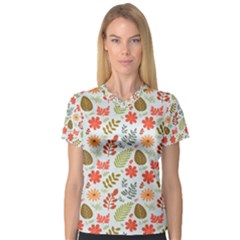 Background Pattern Flowers Design Leaves Autumn Daisy Fall V-neck Sport Mesh T-shirt