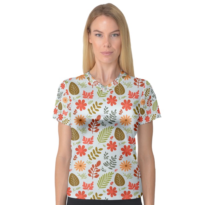 Background Pattern Flowers Design Leaves Autumn Daisy Fall V-Neck Sport Mesh T-Shirt