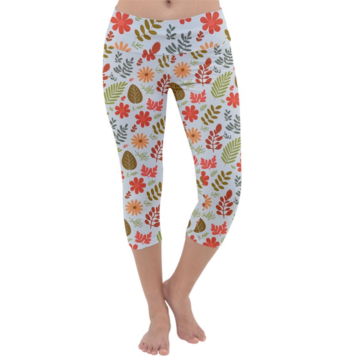 Background Pattern Flowers Design Leaves Autumn Daisy Fall Capri Yoga Leggings