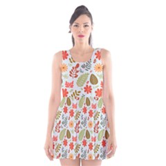 Background Pattern Flowers Design Leaves Autumn Daisy Fall Scoop Neck Skater Dress