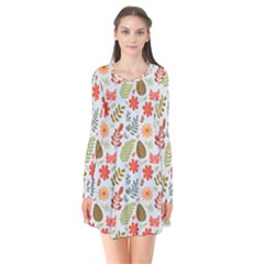 Background Pattern Flowers Design Leaves Autumn Daisy Fall Long Sleeve V-neck Flare Dress