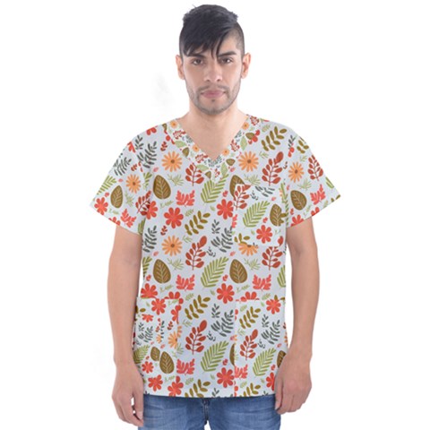 Background Pattern Flowers Design Leaves Autumn Daisy Fall Men s V-neck Scrub Top by Maspions