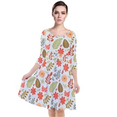 Background Pattern Flowers Design Leaves Autumn Daisy Fall Quarter Sleeve Waist Band Dress