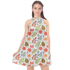 Background Pattern Flowers Design Leaves Autumn Daisy Fall Halter Neckline Chiffon Dress 