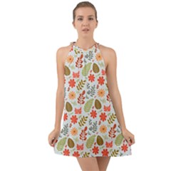 Background Pattern Flowers Design Leaves Autumn Daisy Fall Halter Tie Back Chiffon Dress