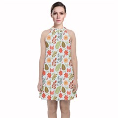 Background Pattern Flowers Design Leaves Autumn Daisy Fall Velvet Halter Neckline Dress 