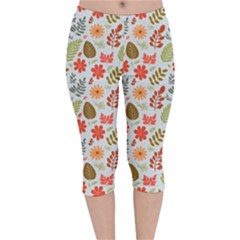 Background Pattern Flowers Design Leaves Autumn Daisy Fall Velvet Capri Leggings 