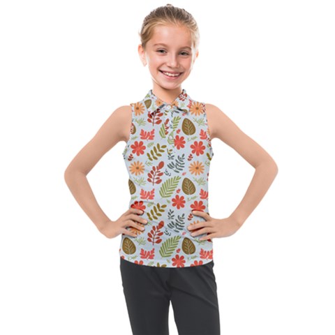 Background Pattern Flowers Design Leaves Autumn Daisy Fall Kids  Sleeveless Polo T-shirt by Maspions