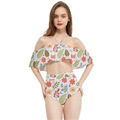 Background Pattern Flowers Design Leaves Autumn Daisy Fall Halter Flowy Bikini Set 