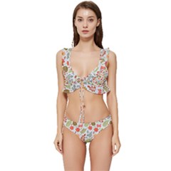 Background Pattern Flowers Design Leaves Autumn Daisy Fall Low Cut Ruffle Edge Bikini Set by Maspions