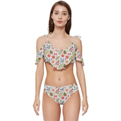 Background Pattern Flowers Design Leaves Autumn Daisy Fall Ruffle Edge Tie Up Bikini Set	 by Maspions