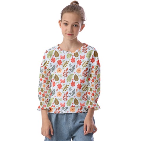 Background Pattern Flowers Design Leaves Autumn Daisy Fall Kids  Cuff Sleeve Top by Maspions