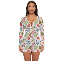 Background Pattern Flowers Design Leaves Autumn Daisy Fall Long Sleeve Boyleg Swimsuit