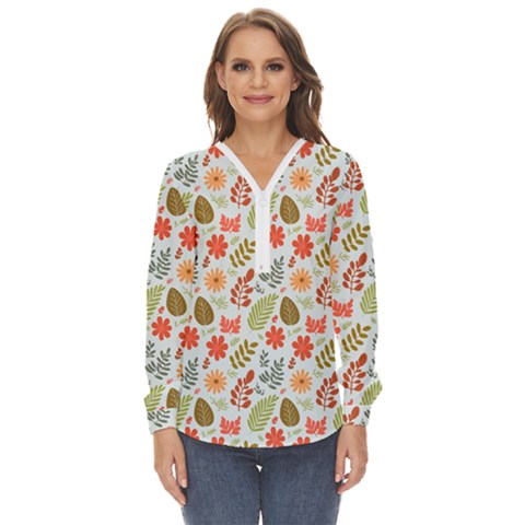 Background Pattern Flowers Design Leaves Autumn Daisy Fall Zip Up Long Sleeve Blouse by Maspions