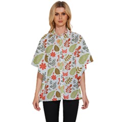 Background Pattern Flowers Design Leaves Autumn Daisy Fall Women s Batwing Button Up Shirt