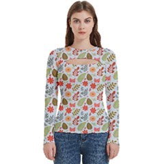 Background Pattern Flowers Design Leaves Autumn Daisy Fall Women s Cut Out Long Sleeve T-shirt by Maspions