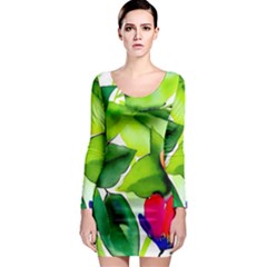 Watercolor Flowers Leaves Foliage Nature Floral Spring Long Sleeve Bodycon Dress