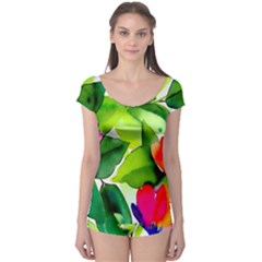 Watercolor Flowers Leaves Foliage Nature Floral Spring Boyleg Leotard  by Maspions