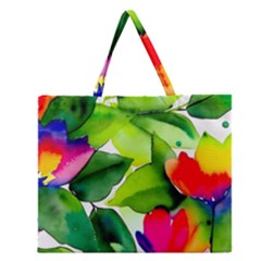 Watercolor Flowers Leaves Foliage Nature Floral Spring Zipper Large Tote Bag