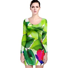 Watercolor Flowers Leaves Foliage Nature Floral Spring Long Sleeve Velvet Bodycon Dress