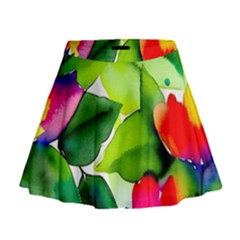 Watercolor Flowers Leaves Foliage Nature Floral Spring Mini Flare Skirt