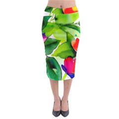 Watercolor Flowers Leaves Foliage Nature Floral Spring Midi Pencil Skirt