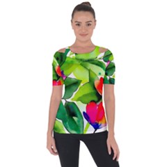 Watercolor Flowers Leaves Foliage Nature Floral Spring Shoulder Cut Out Short Sleeve Top