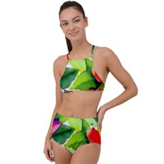 Watercolor Flowers Leaves Foliage Nature Floral Spring Halter Tankini Set