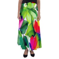 Watercolor Flowers Leaves Foliage Nature Floral Spring Flared Maxi Skirt