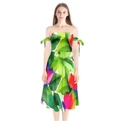 Watercolor Flowers Leaves Foliage Nature Floral Spring Shoulder Tie Bardot Midi Dress