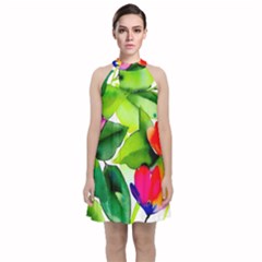 Watercolor Flowers Leaves Foliage Nature Floral Spring Velvet Halter Neckline Dress 