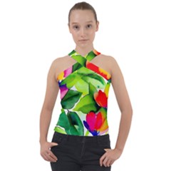 Watercolor Flowers Leaves Foliage Nature Floral Spring Cross Neck Velour Top