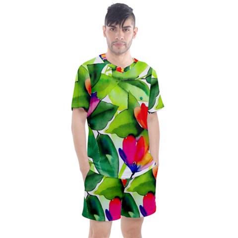 Watercolor Flowers Leaves Foliage Nature Floral Spring Men s Mesh T-shirt And Shorts Set by Maspions