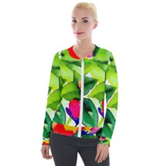 Watercolor Flowers Leaves Foliage Nature Floral Spring Velvet Zip Up Jacket